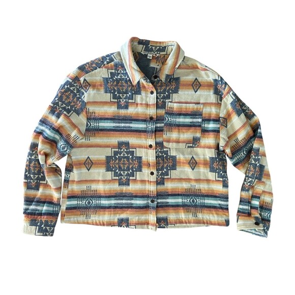 Womens Southwestern Aztec Navajo Flannel Button Down Size M Tribal Shacket Cabin - Picture 1 of 7